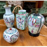 Two Chinese famille rose lamp bases to.w a square famille rose vase and a spherical vase and cover