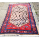 A Persian Kordi rug with repeating floral design, red rosette border with navy guards 197 x 125