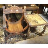 A Continental carved hardwood throne chair to/w square occasional table with shaped supports and