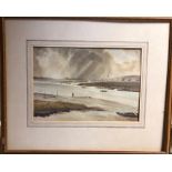 Three watercolour landscapes - C R Roberts estuary view, English school beached boats, Lorna K