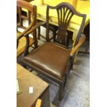 Five mahogany Hepplewhite style dining chairs (4 seated and 1 carver) to/w a rush seated carver