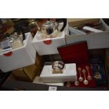 A collection of souvenir teaspoons, a new boxed Viners electroplated 'Silver Rose' pattern tea and