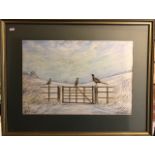 Richard Harrison (b.1935) - A winter landscape with three pheasants atop a fence, watercolour,