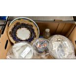 Mixed box to include silver plate entree dishes and covers, two silver topped perfume bottles,