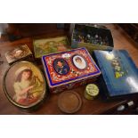 Seven vintage confectionery tins to include a Milady example containing a collection of marbles, a