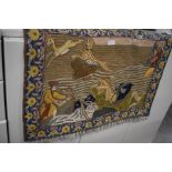 A Kashmiri chain stitch wool-work wall hanging depicting leopards and oxen c/w brass pole