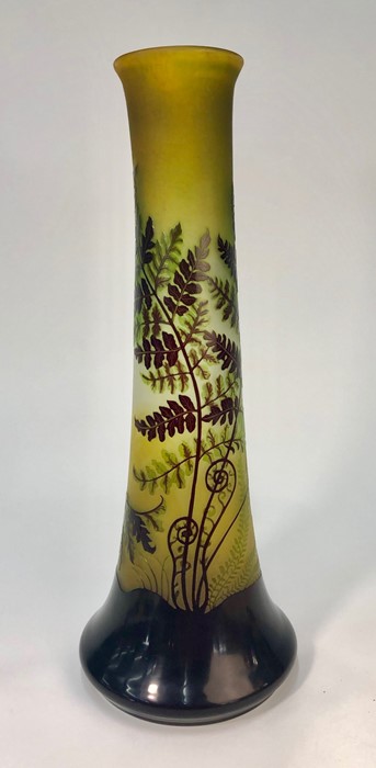 Emille Galle tall Art Nouveau glass vase decorated with ferns