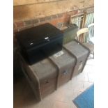 A large vintage fabric steamer trunk to/with a black tin box and a military cartridge case (3)