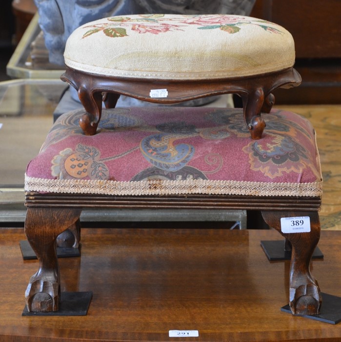 A small oak footstool to/w a floral needlepoint oval stool (2)