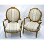 Pair of Continental giltwood framed salon armchairs