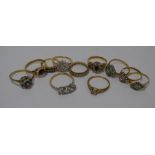 Eleven various 9ct yellow gold cluster rings