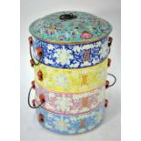 A 19th century Chinese tiffin box, tingkat, in pastel shade enamels, late Qing