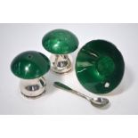 Danish design silver and green enamel 'mushroom' salt and pepper pair