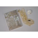A 19th century mother of pearl visiting card case, necklace and brooch
