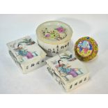 Three Chinese famille rose boxes and a Canton yellow enamelled box