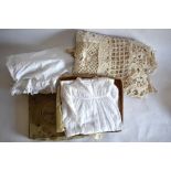 Large hand-worked cotton bedcover and quantity of table linen etc.