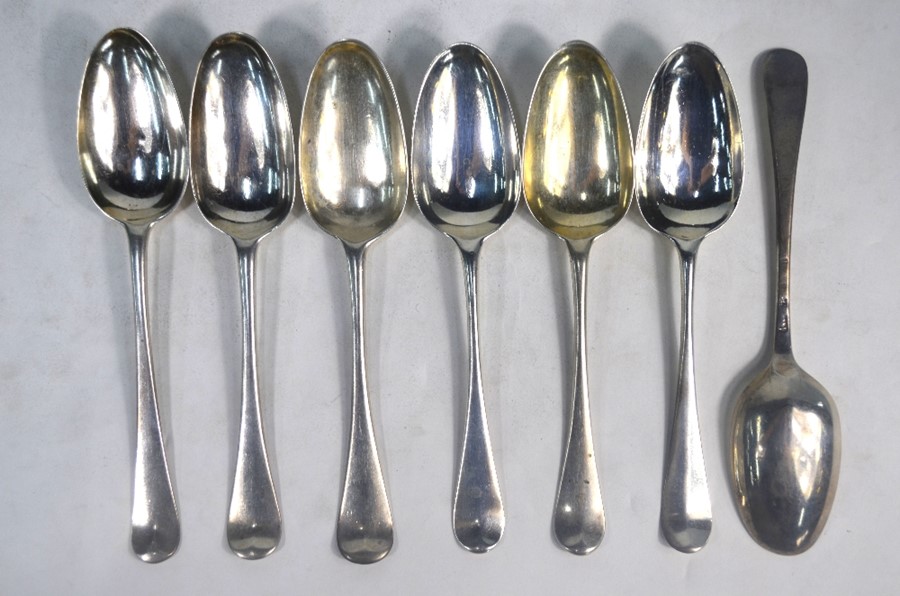 Seven mid-18th century Hanoverian silver tablespoons