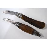 A Swedish barrel knife with burr-wood grip and folding handle etc