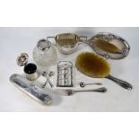 Silver brush set, silver topped scent bottle etc.