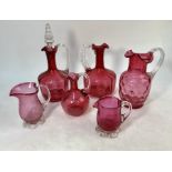 A Victorian cranberry glass decanter etc