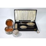 Silver brush-set, powder bowl and coasters