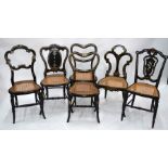 Six Victorian ebonised, mother-of-pearl and gilt decorated cane seat side chairs