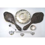Silver stand, hairbrush with matching mirror, napkin ring and bottle tickets