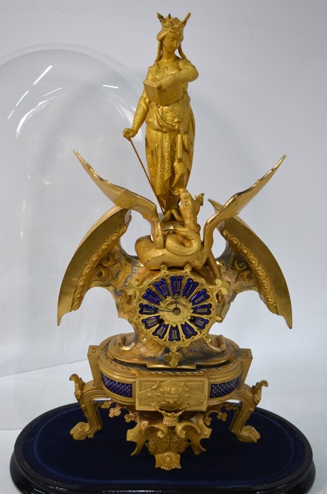 A French gilt mantel clock surmounted by an allegorical representation of St Margaret and the Dragon - Image 3 of 6