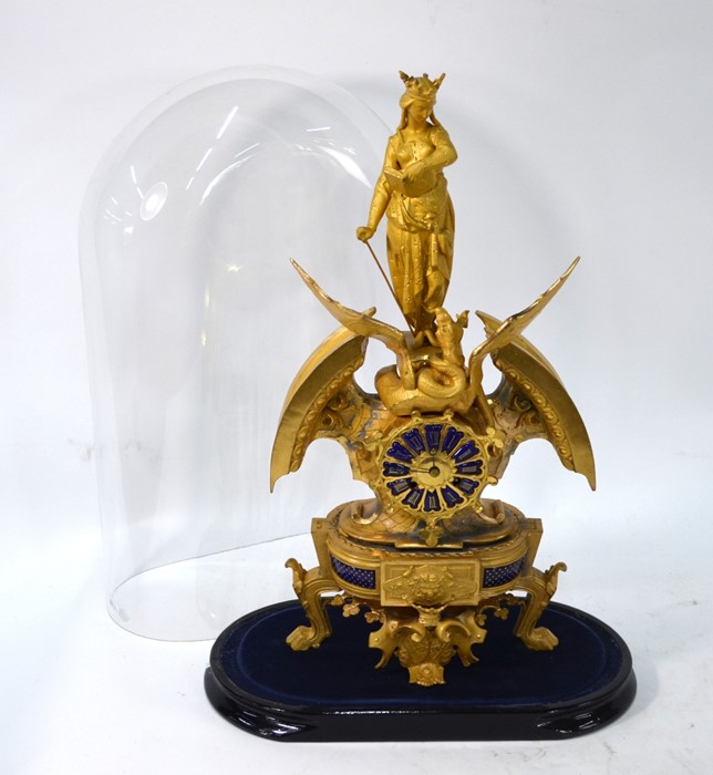 A French gilt mantel clock surmounted by an allegorical representation of St Margaret and the Dragon - Image 2 of 6