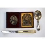A Victorian fiddle pattern silver caddy spoon and other items