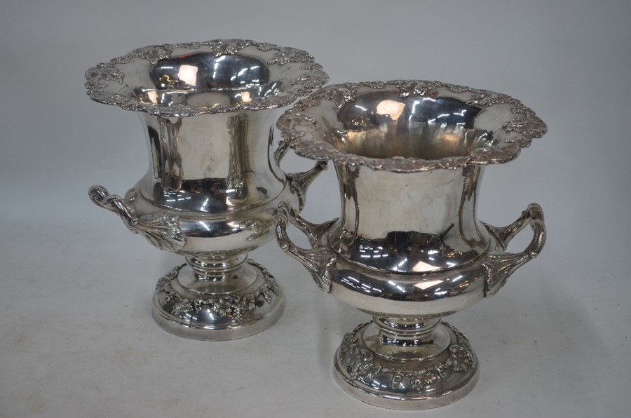 A pair of silver-plated large two-handled wine coolers