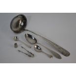 A William IV silver fiddle pattern caddy spoon etc.