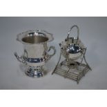 Victorian electroplated cauldron kettle on stand etc.