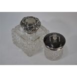 A cut glass and silver square inkwell and a toilet jar