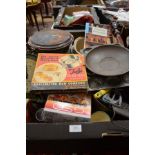 Two boxes of vintage kitchenalia to include ceramic moulds, utensils, ephemera, Salter scales, to/