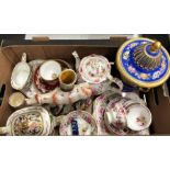 An interesting box of 19th century English china and porcelain including:  Two Bloor Derby heart