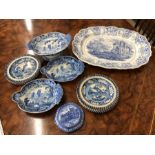 A collection of 19th century blue and white transfer printed wares including a large meat dish
