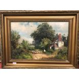 19th century pastoral view with sheep on a country lane, oil on canvas, indistinctly signed