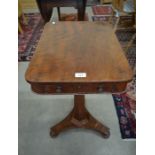 Victorian mahogany single drawer side table raised on a tapering column and triform base