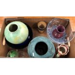 Swedish studio glass stemmed bowl, blue glass studio bowl, Moorcroft oxblood vase, Doulton beaker,