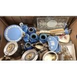 A collection of Wedgwood and other blue Jasper wares to/w an elctro-plated tea service etc.
