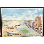 Two German prints - 'The Airport' and town with tram, pub Lehrmittelanstalt koster u Co to/w  and