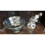 A Whitefriars style ribbon-lined fruit bowl + 'wonky glug-glug' decanter (2)