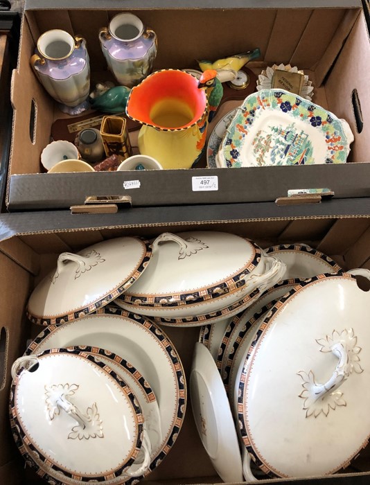 A box of decorative china and collectables including a Burleigh Ware parrot jug to/w a Wood &