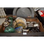 A box of assorted electroplated items to include bread board, coffee and chocolate pots, tray,