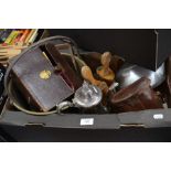 A mixed box of collectables to include five wooden biscuit barrels; G.B Bell & Howell 16 mm movie
