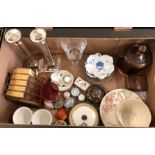 An interesting box of china and collectables to include enameled pill boxes, pair of modern plated