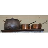 A large antique copper preserves pan with brass handles to/w a lidded ham boiler and four large