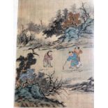 A Chinese hand-coloured painting on silk of figures in a landscape, red character mark to/w a silk