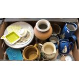 A box of mainly studio pottery wares including a Honiton jug and Poole Pottery teacup and saucer